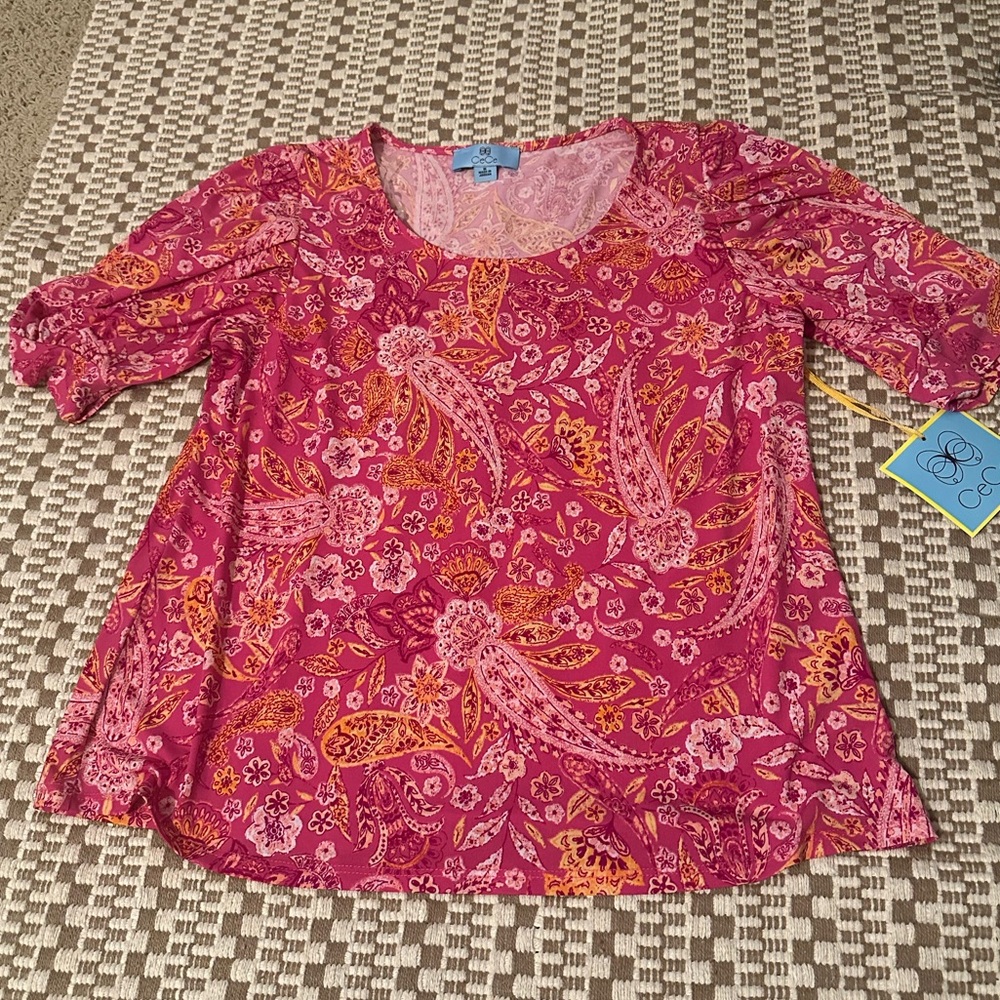 Cece Blouse with 3/4 sleeves. Pink Paisley pattern and true to size Medium.